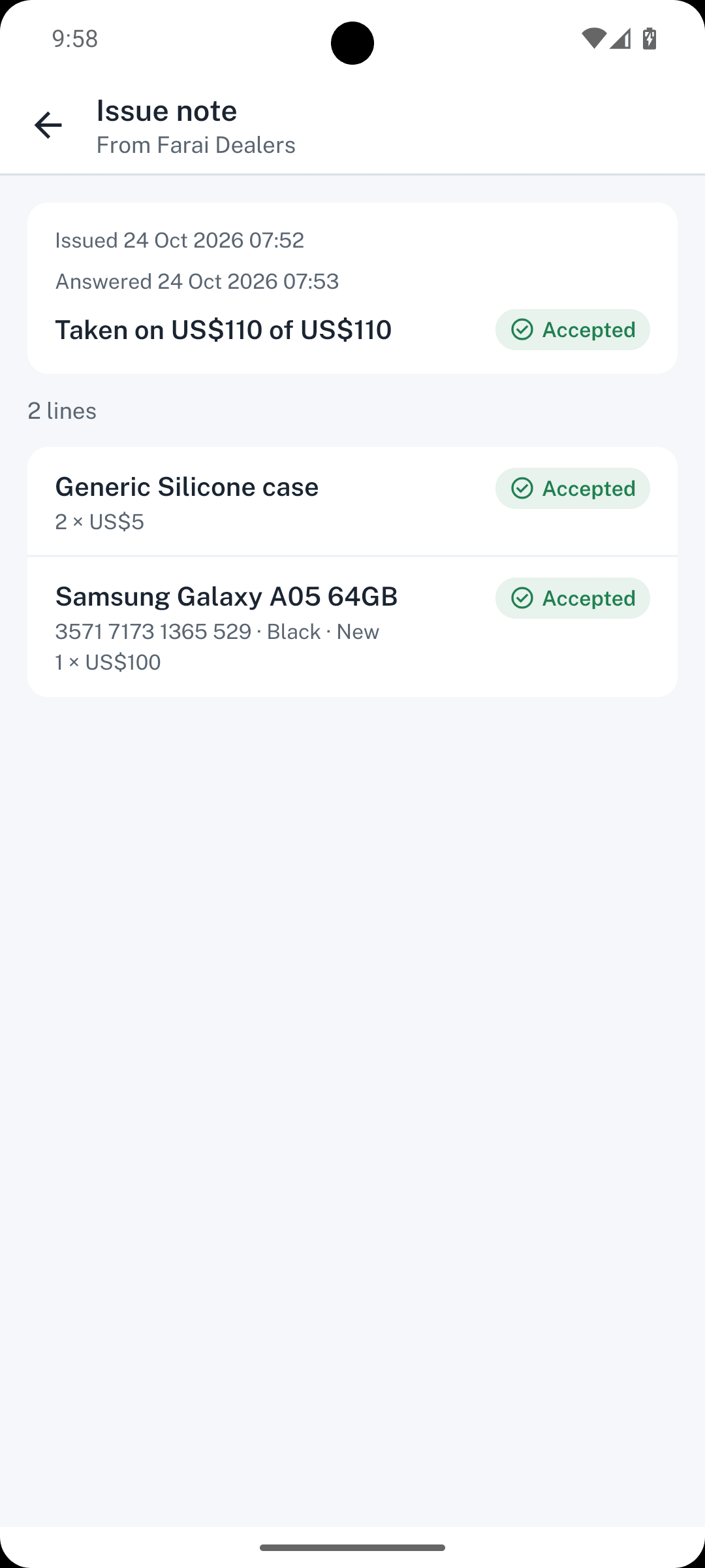 Dealpad screen: Tendai accepts