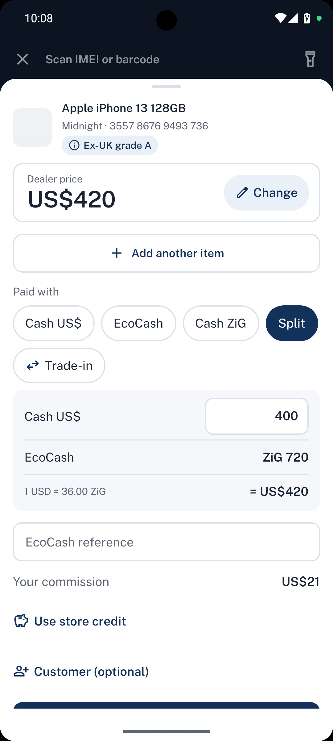 Dealpad screen: Split payment in US$ and EcoCash