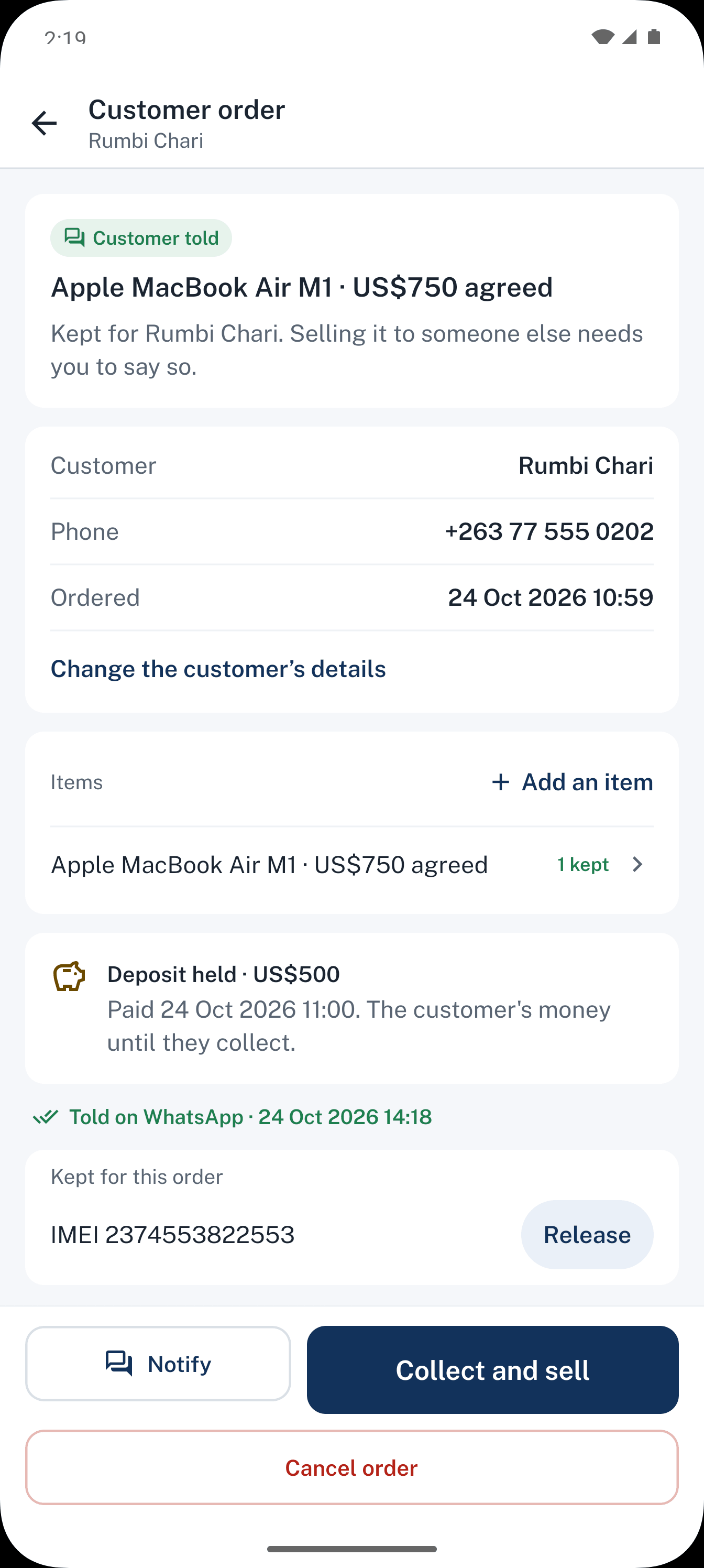 Dealpad screen: Stock arrives & customer notified